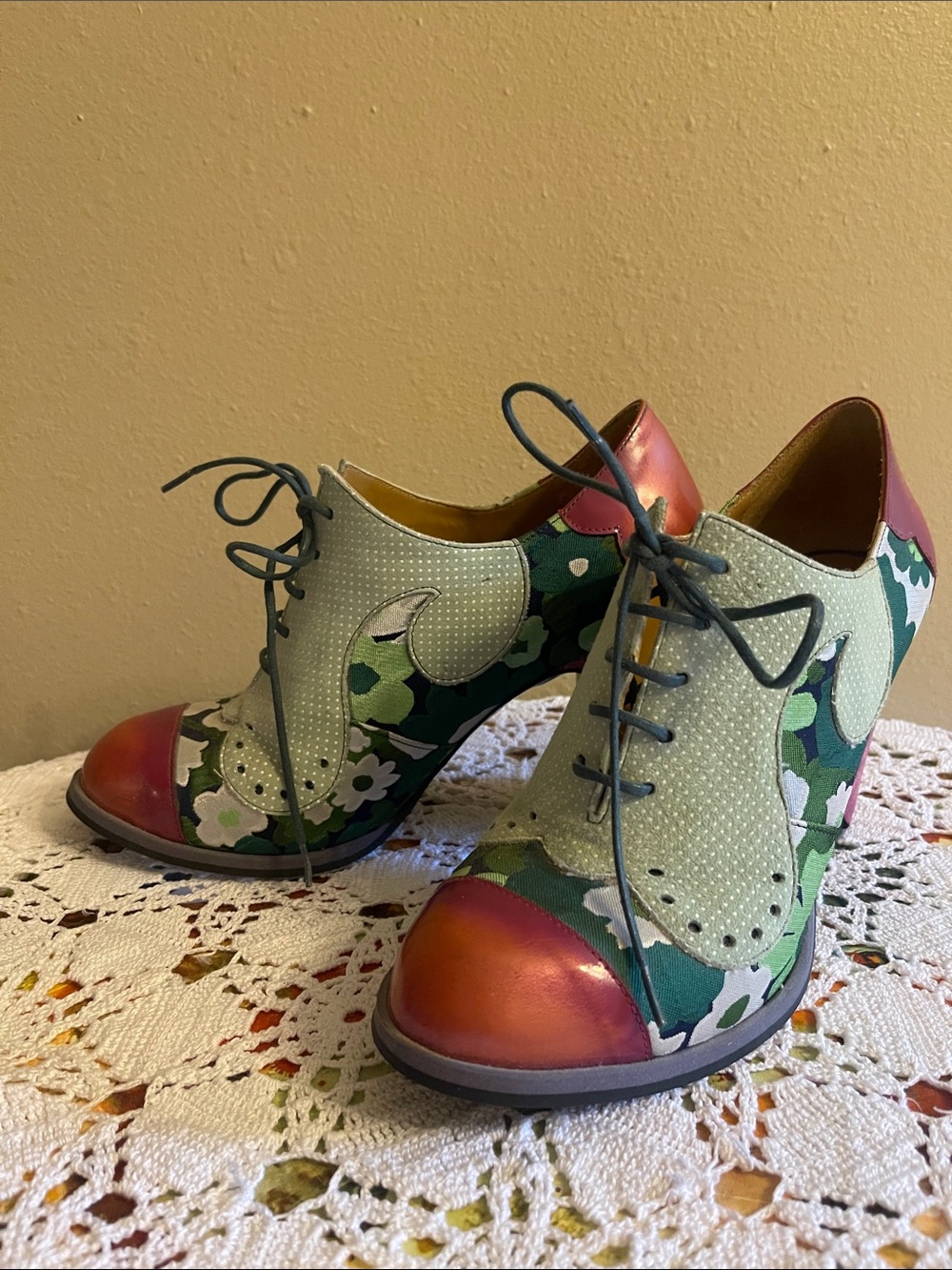 John Fluevog Multicolor Floral Lace-Up Heels with Red Metallic Toe - Picture 3 of 7